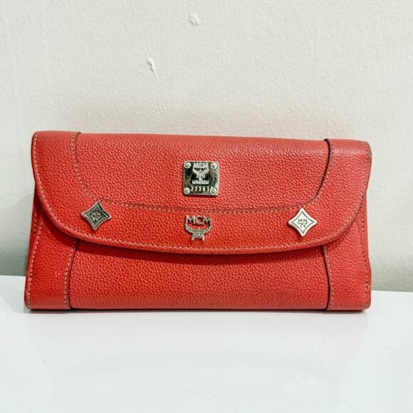 MCM Pebbled Leather Large Flap Clutch Wallet with Silver Accents Orange - Picture 1 of 4
